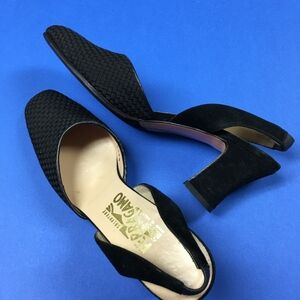 Salvatore Ferragamo Black Suede Woven Slingback Heels